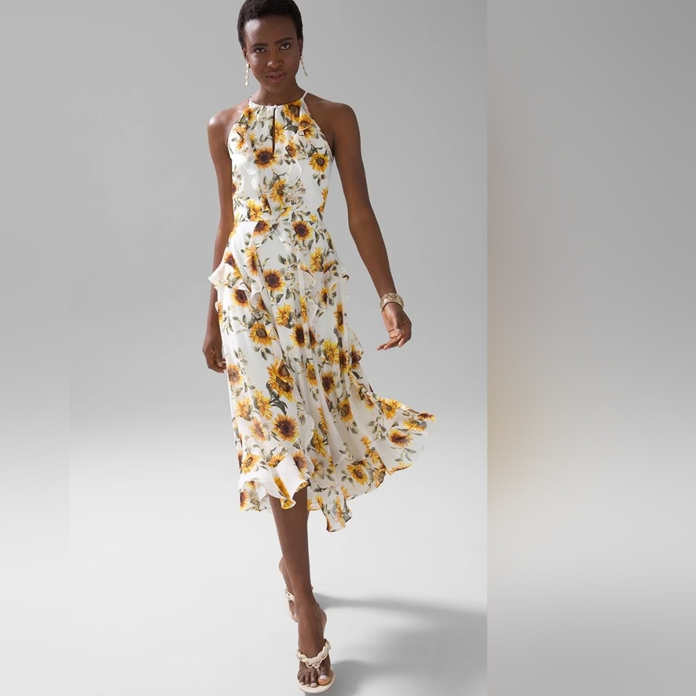 NWT WHBM Sunflower Print Ruffle Halter Midi Dress, Size 6